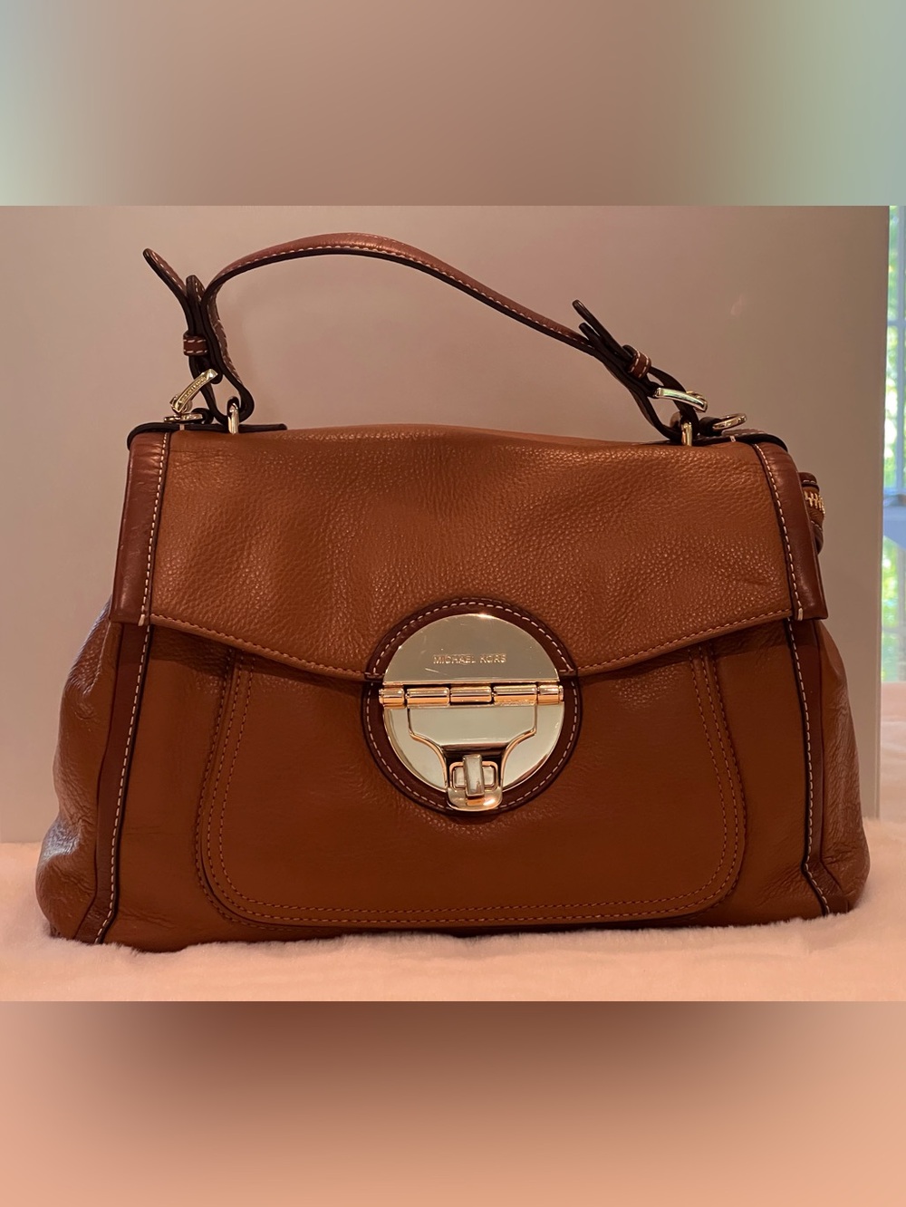 MICHAEL KORS Cognac Leather Top-Handle Satchel with Gold Hardware